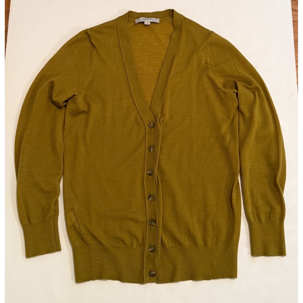 Ann Taylor Loft olive Wool Blend V-Neck Button Cardigan Sweater Medium